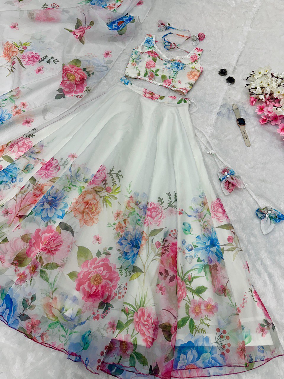 White Exclusive Floral printed  Elegance Lehenga Set
