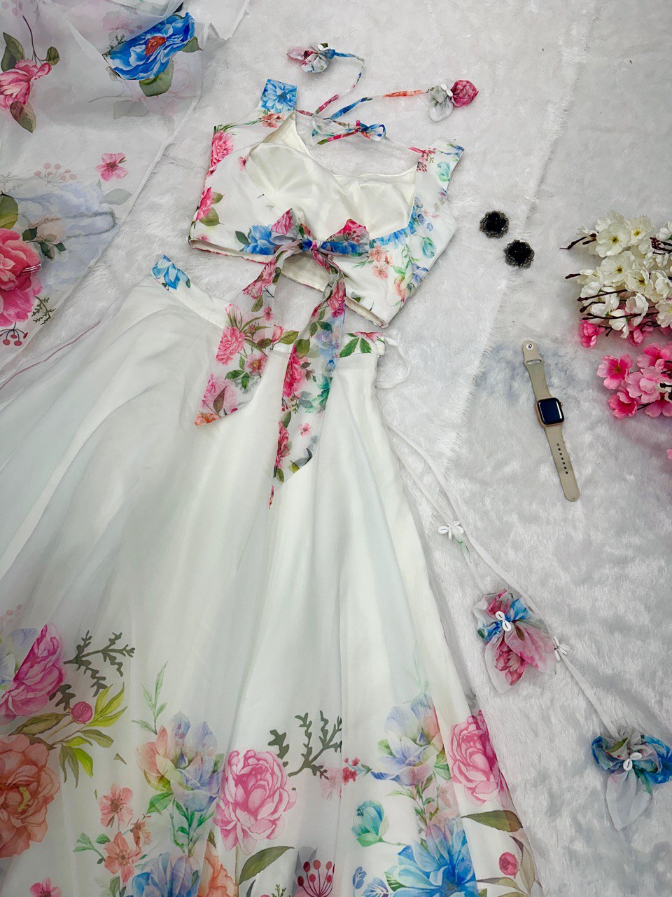 White Exclusive Floral printed  Elegance Lehenga Set