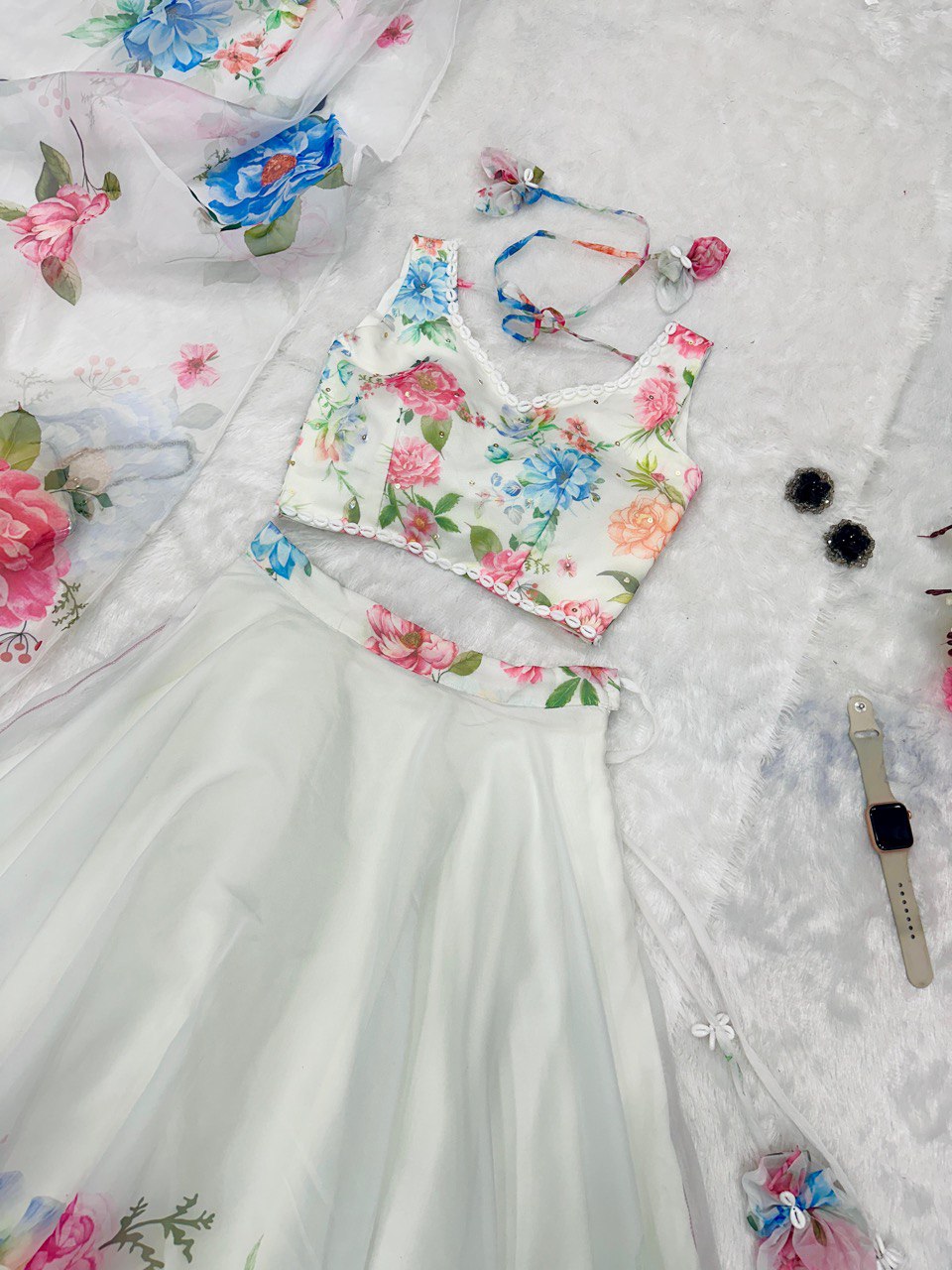 White Exclusive Floral printed  Elegance Lehenga Set