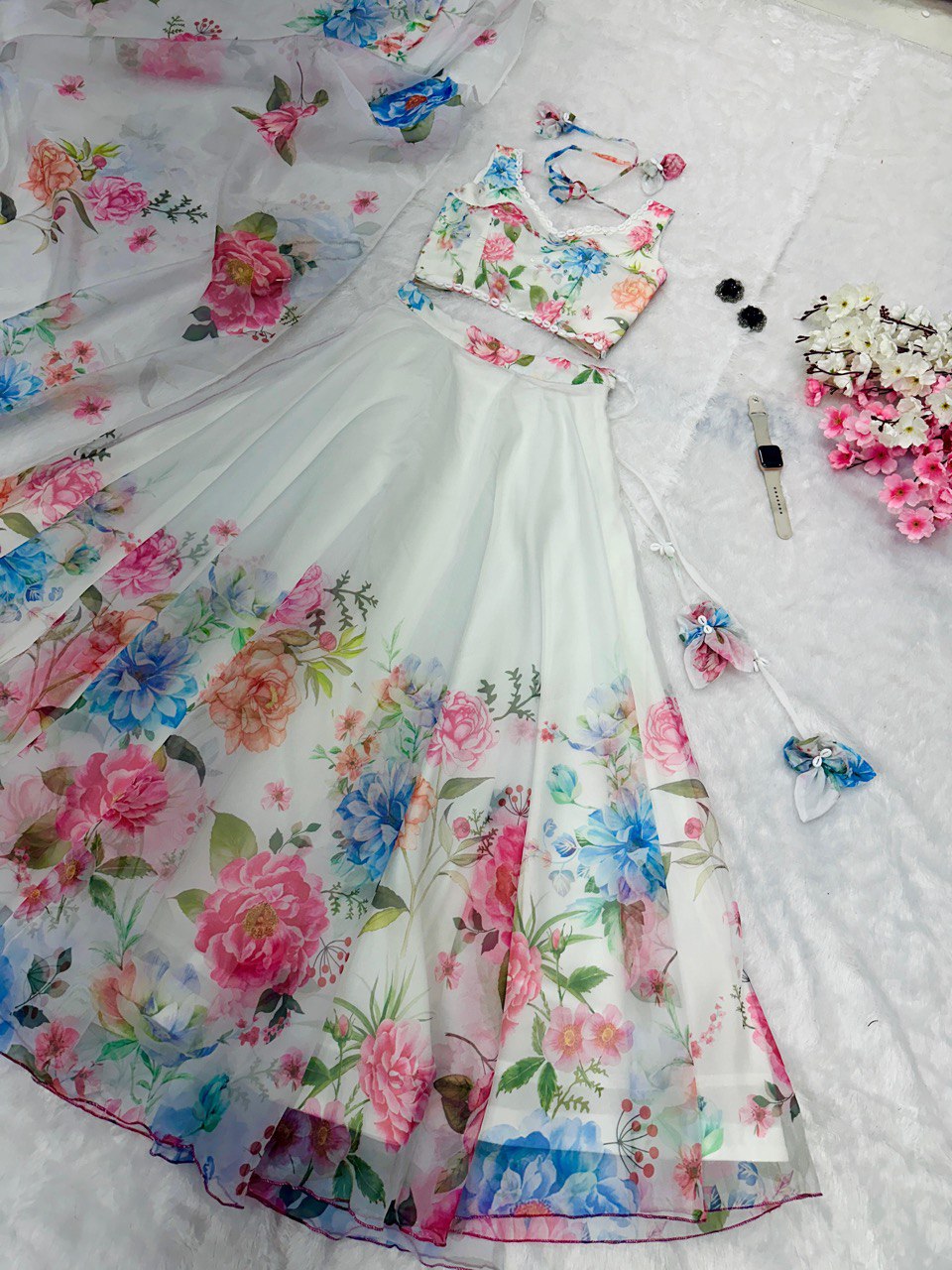White Exclusive Floral printed  Elegance Lehenga Set