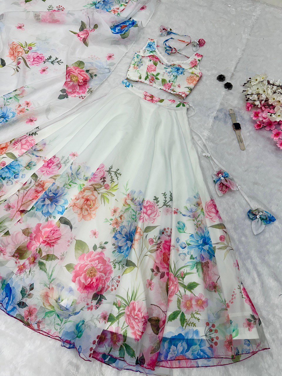 White Exclusive Floral printed  Elegance Lehenga Set