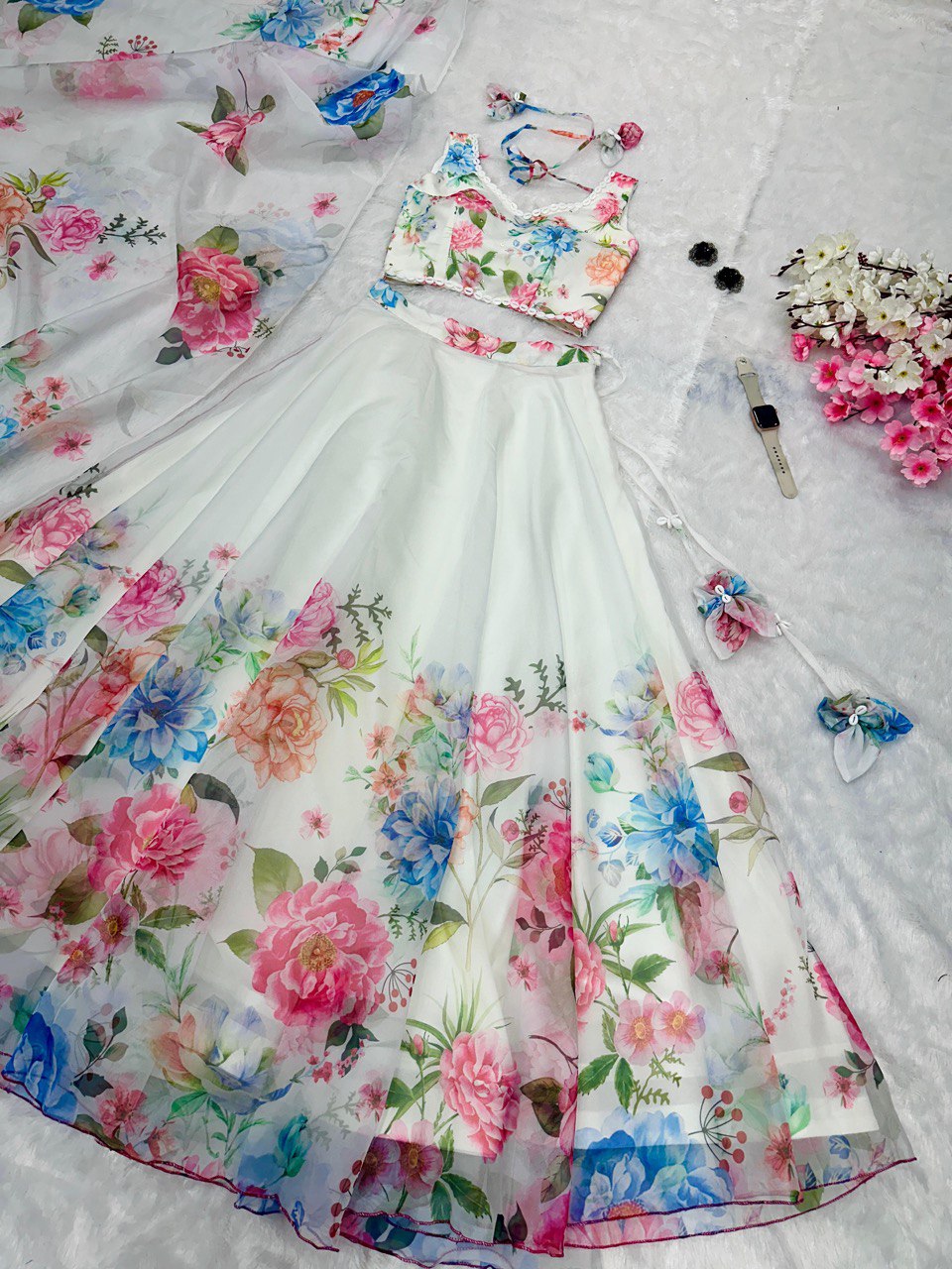 White Exclusive Floral printed  Elegance Lehenga Set