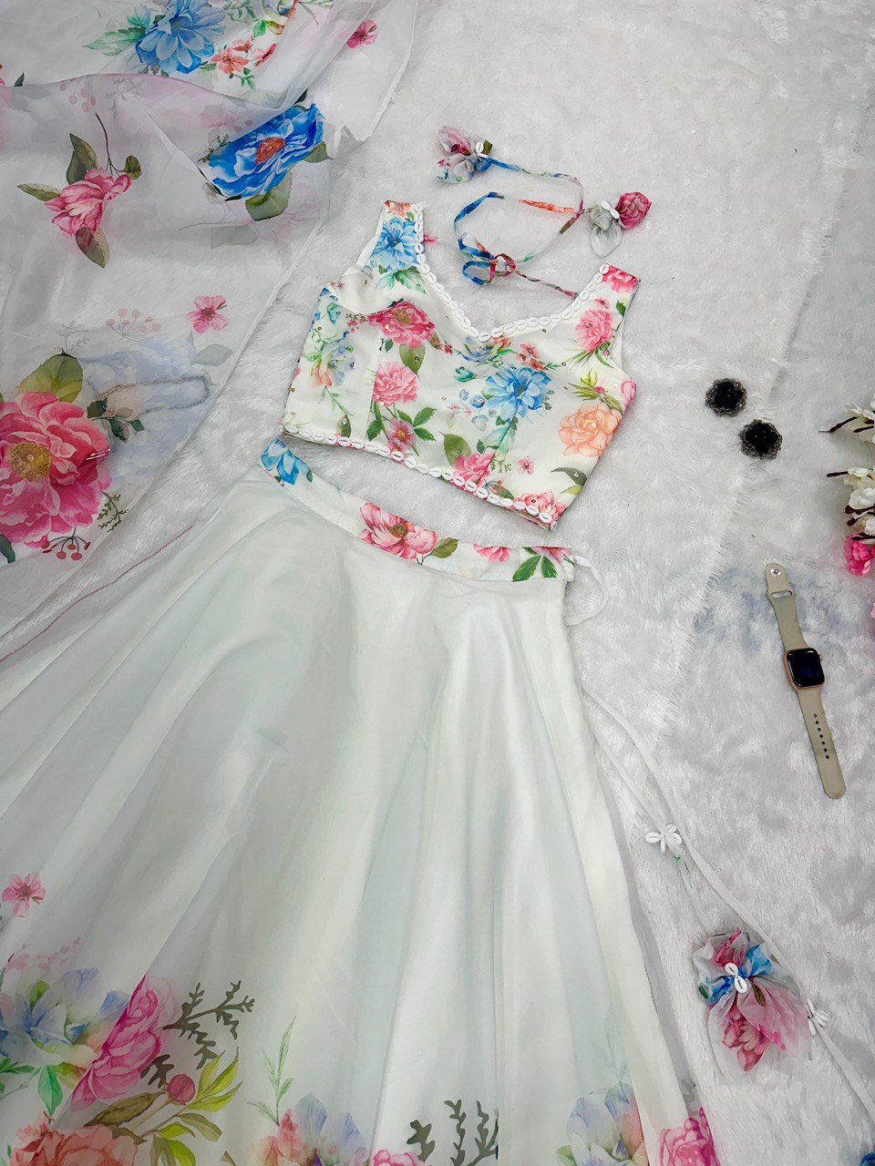 White Exclusive Floral printed  Elegance Lehenga Set