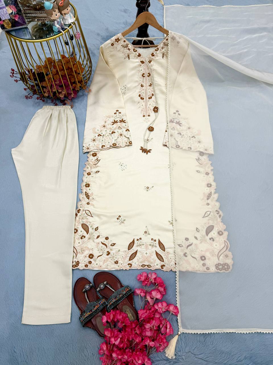White Roman Glass Party Wear Long Kaftan Set