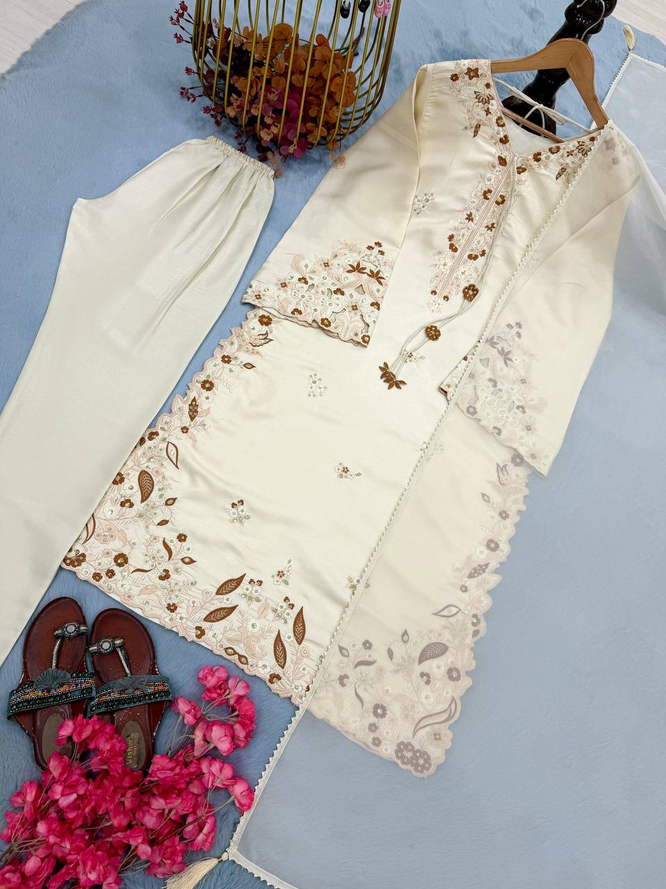 White Roman Glass Party Wear Long Kaftan Set
