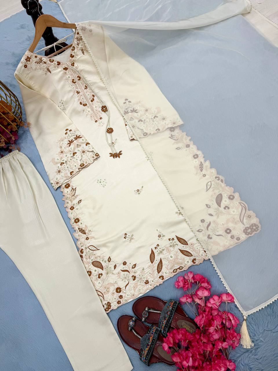 White Roman Glass Party Wear Long Kaftan Set