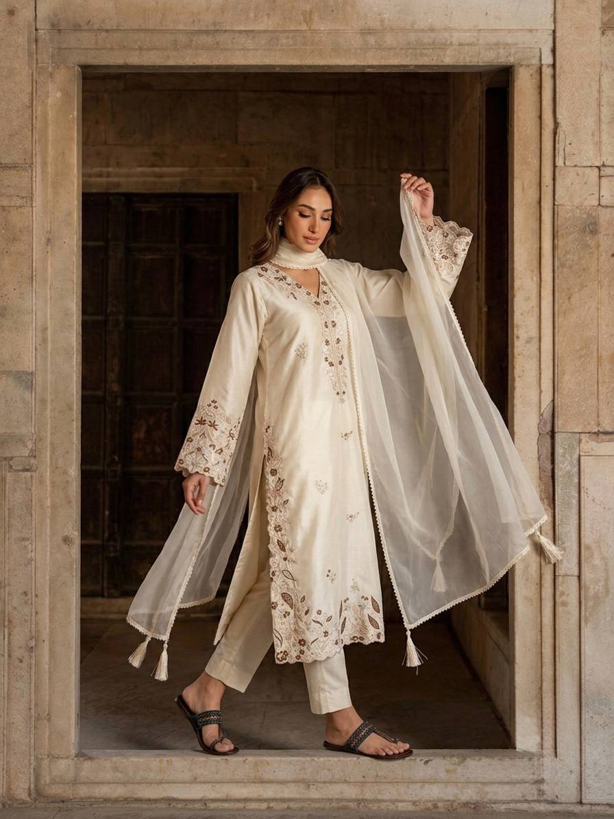 White Roman Glass Party Wear Long Kaftan Set