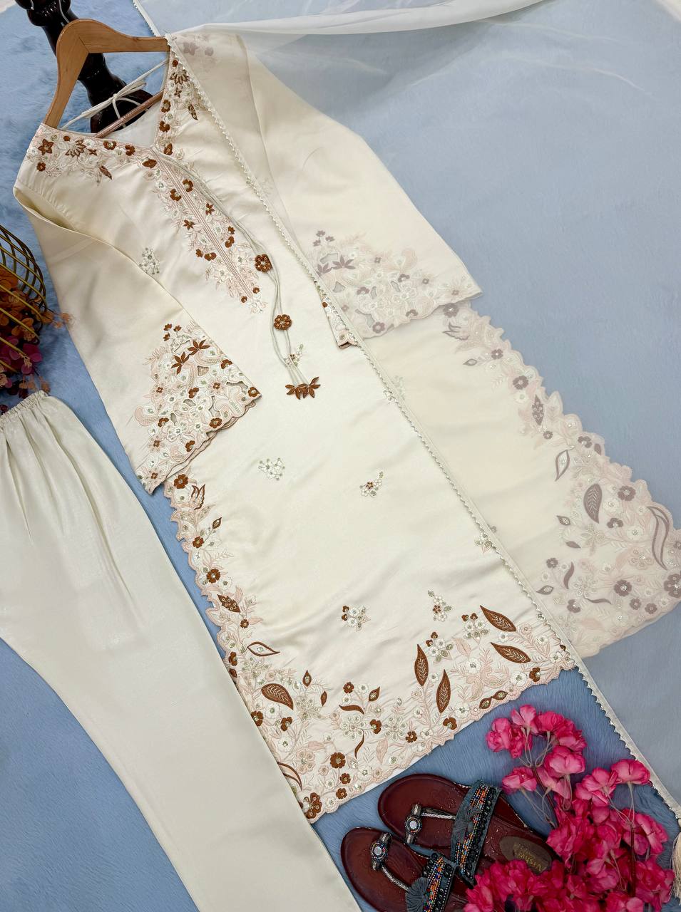 White Roman Glass Party Wear Long Kaftan Set