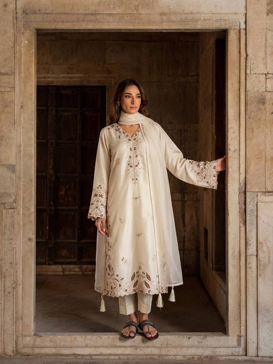 White Roman Glass Party Wear Long Kaftan Set