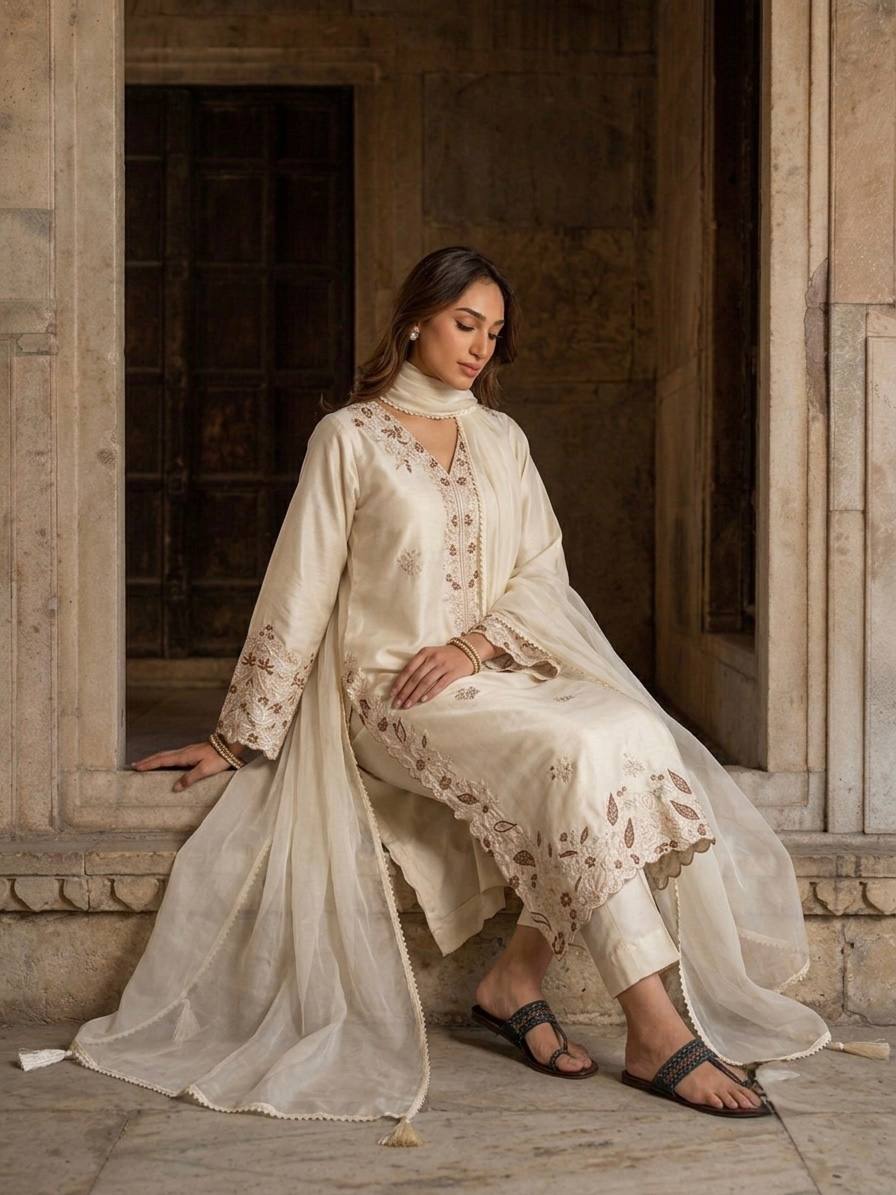 White Roman Glass Party Wear Long Kaftan Set