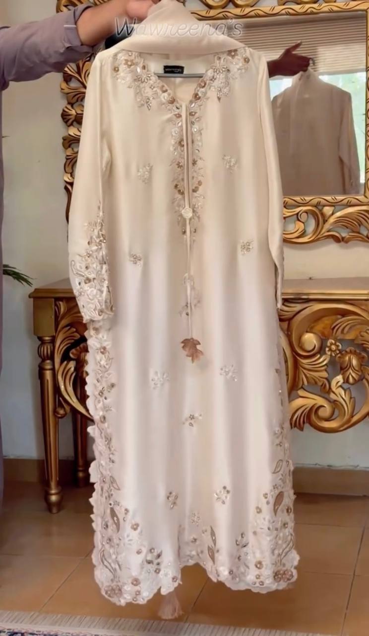 White Roman Glass Party Wear Long Kaftan Set