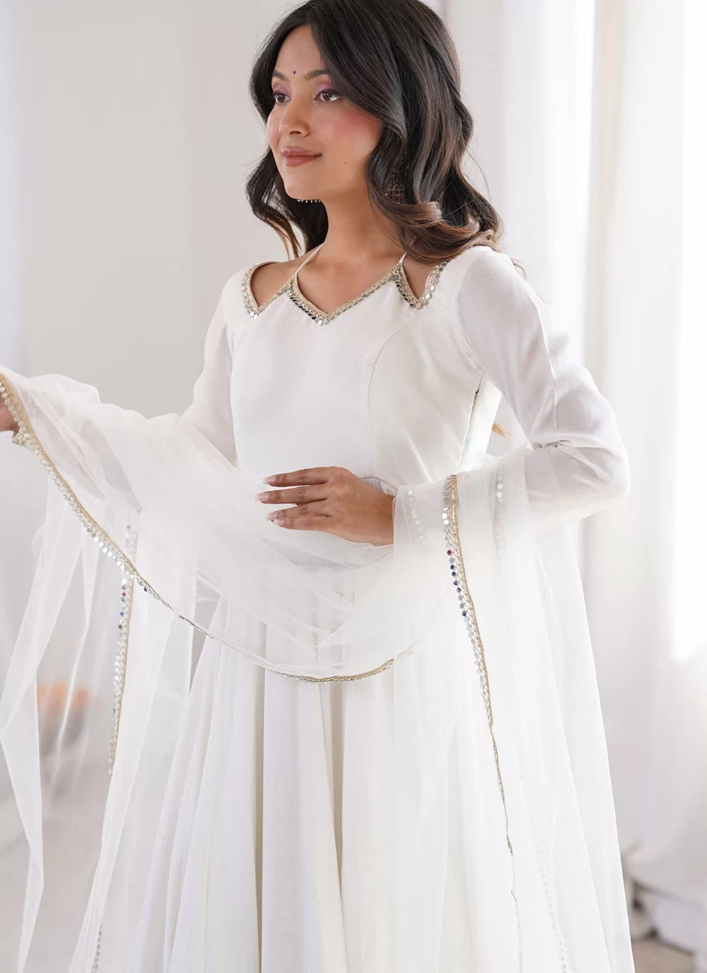 Luxury white roman silk chanderi anarkali suit with net dupatta pants