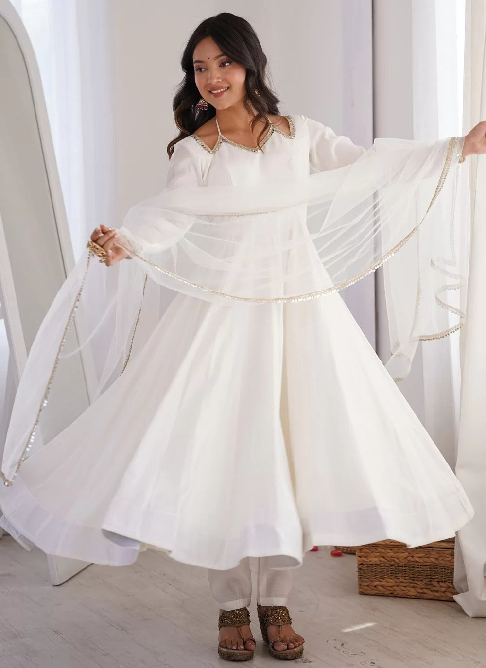 Luxury white roman silk chanderi anarkali suit with net dupatta pants