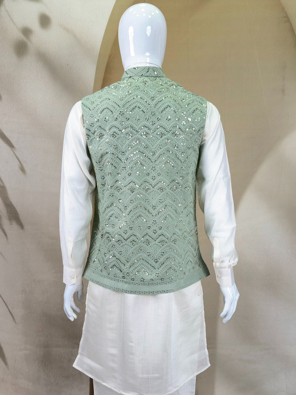 White Roman Silk Kurta,Pant With Sequins Koti