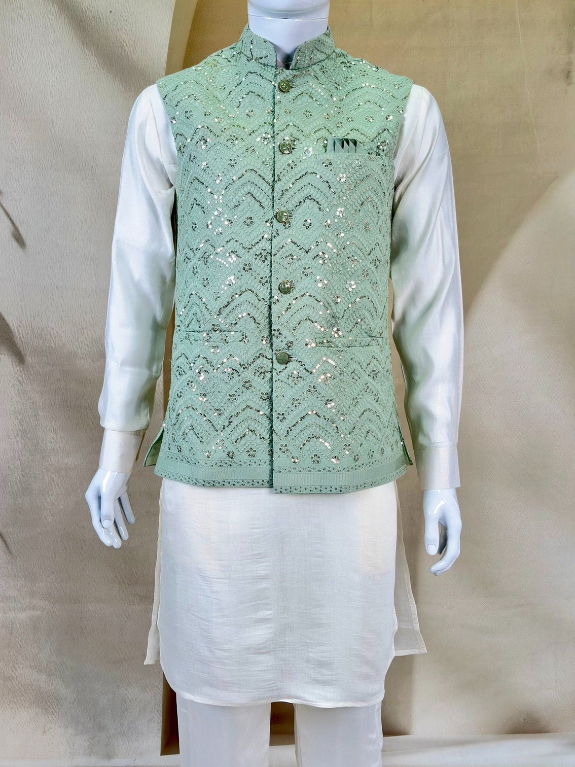 White Roman Silk Kurta,Pant With Sequins Koti