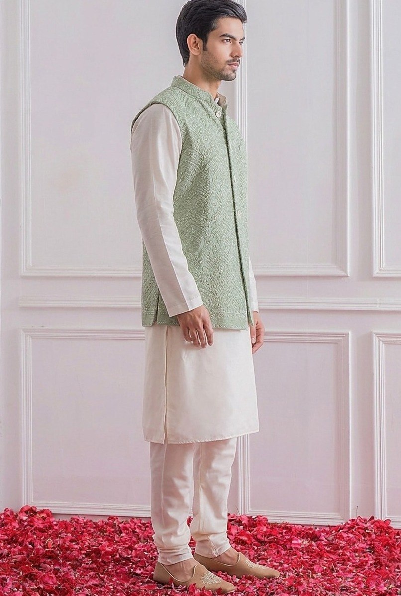 White Roman Silk Kurta,Pant With Sequins Koti