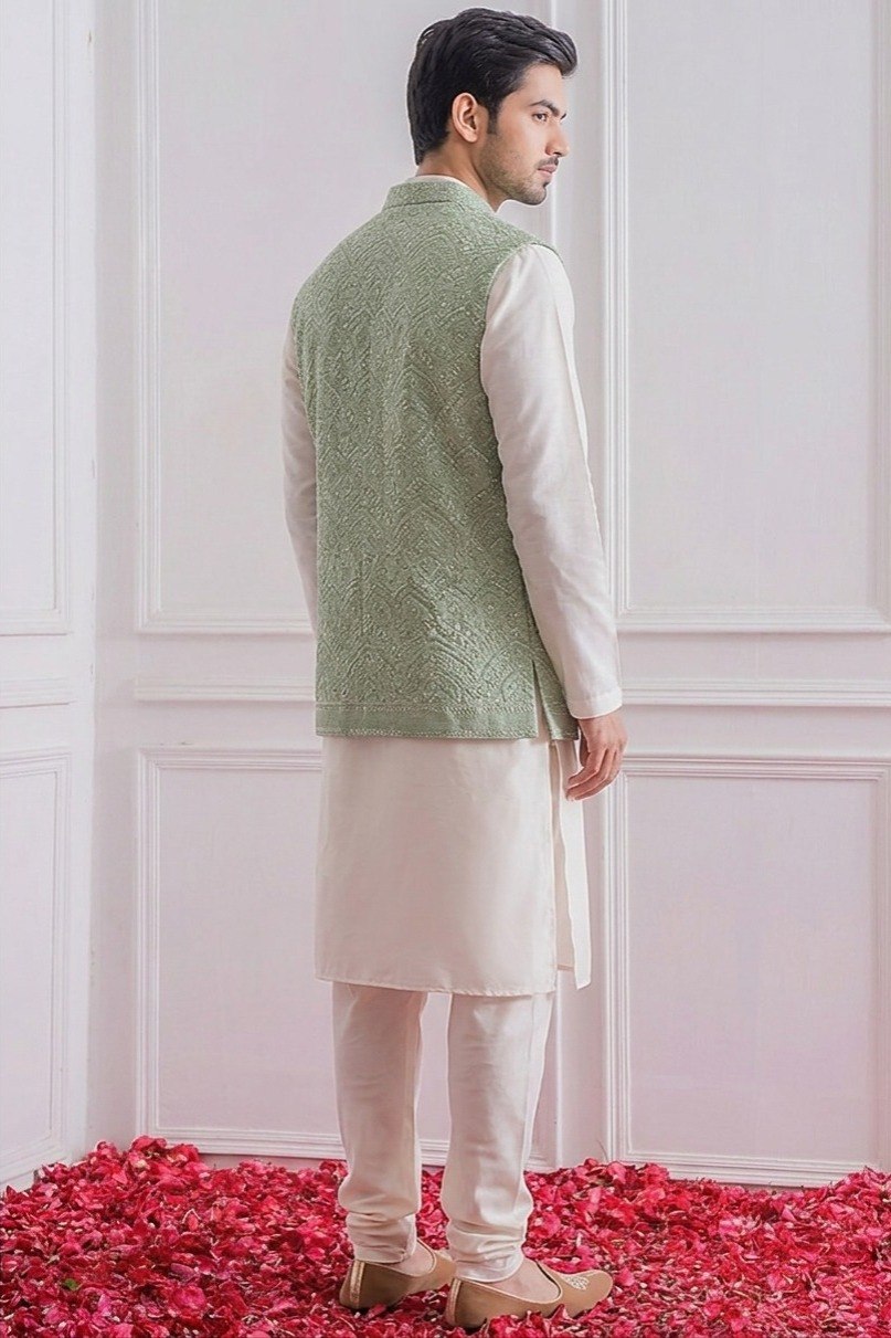 White Roman Silk Kurta,Pant With Sequins Koti