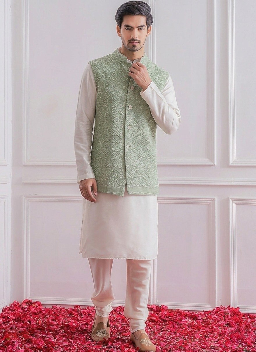 White Roman Silk Kurta,Pant With Sequins Koti