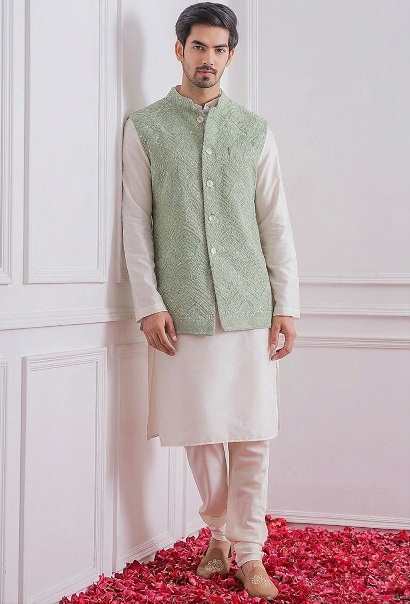 White Roman Silk Kurta,Pant With Sequins Koti