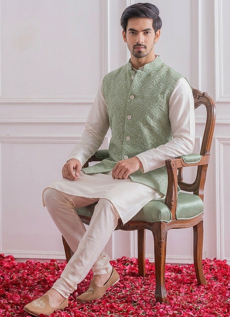 White Roman Silk Kurta,Pant With Sequins Koti