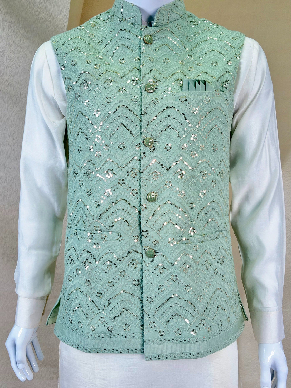 White Roman Silk Kurta,Pant With Sequins Koti