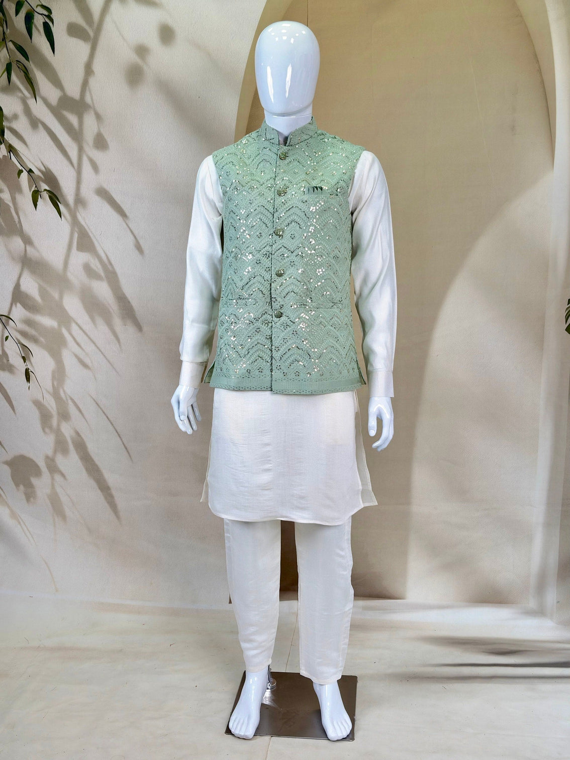 White Roman Silk Kurta,Pant With Sequins Koti
