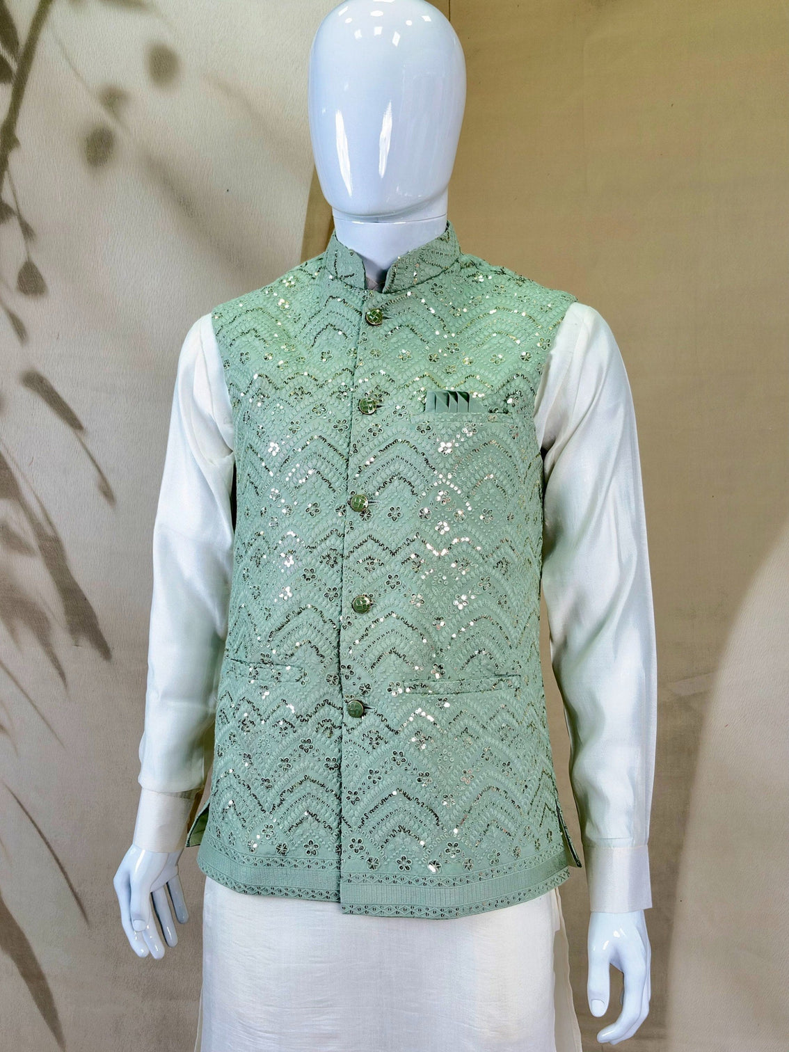 White Roman Silk Kurta,Pant With Sequins Koti
