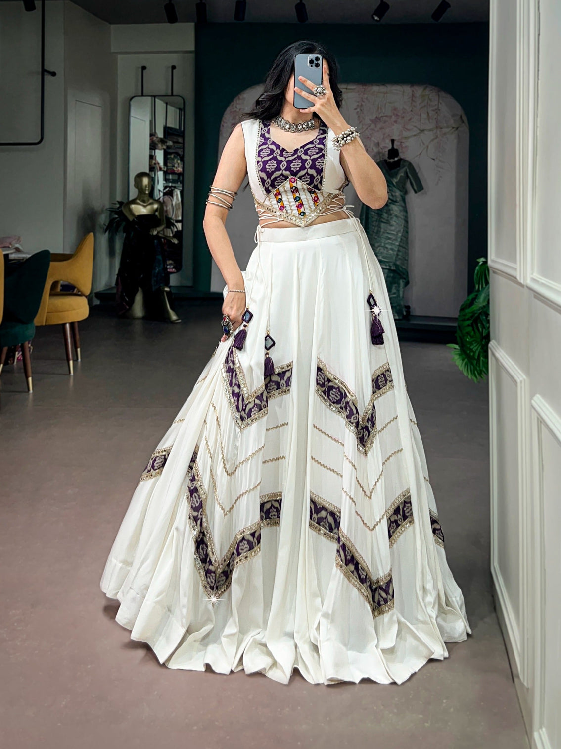 White Royal Rayon Mirror Work Lehenga Set
