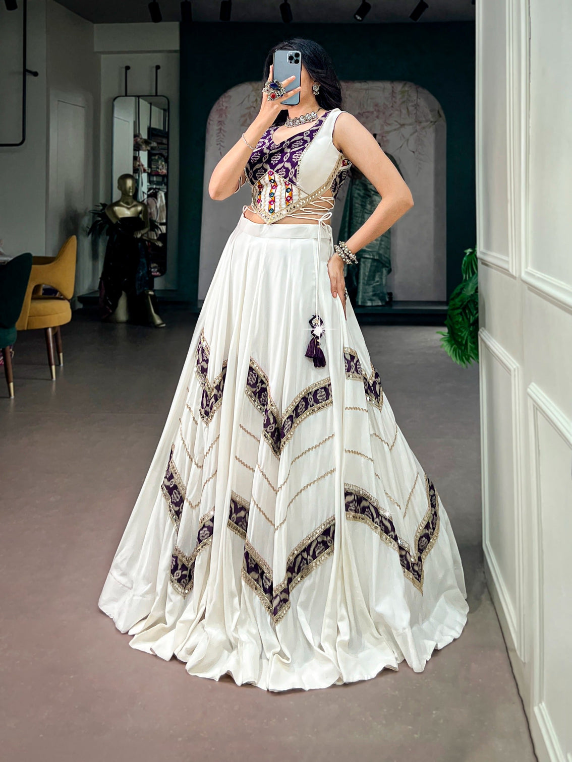 White Royal Rayon Mirror Work Lehenga Set