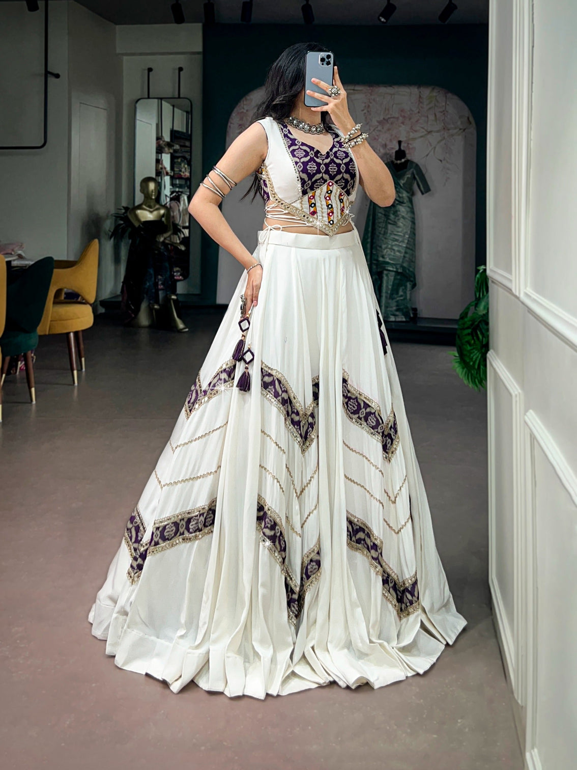 White Royal Rayon Mirror Work Lehenga Set