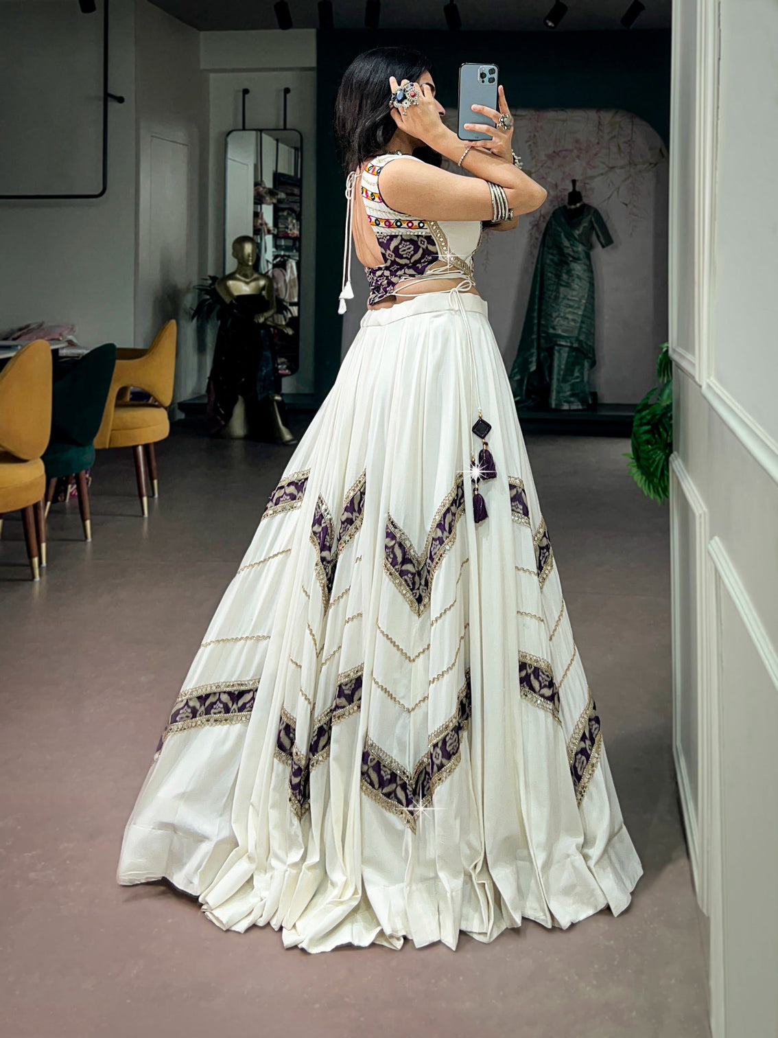 White Royal Rayon Mirror Work Lehenga Set