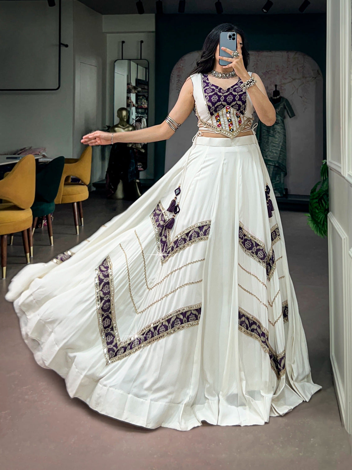 White Royal Rayon Mirror Work Lehenga Set