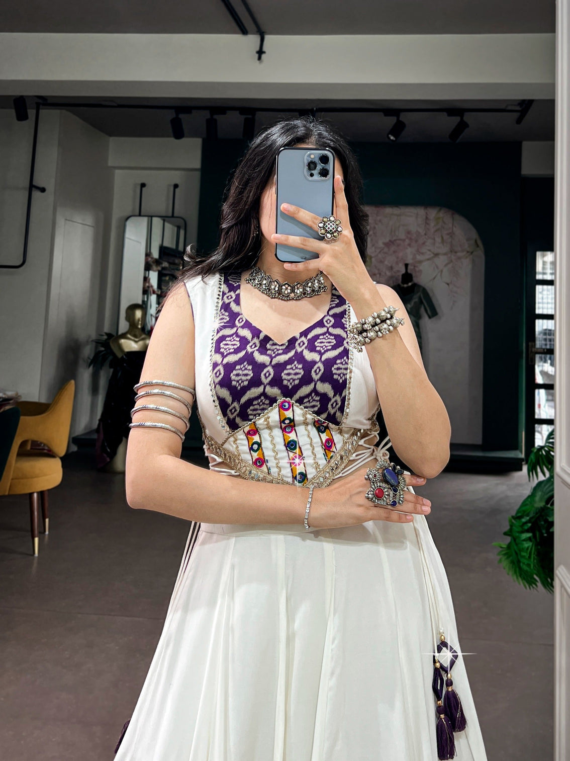 White Royal Rayon Mirror Work Lehenga Set