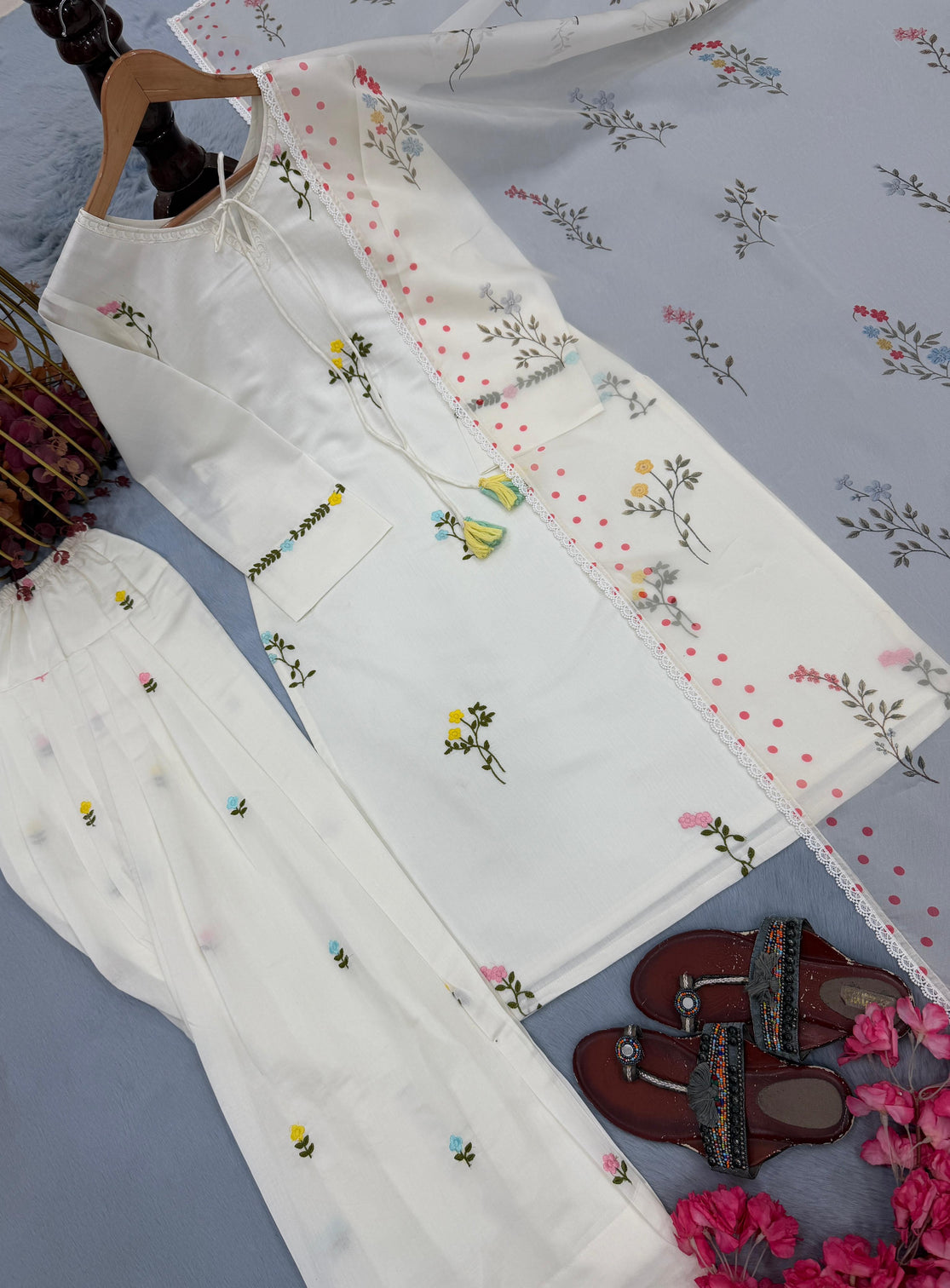 White Satin Chanderi Farshi Plazzo Set