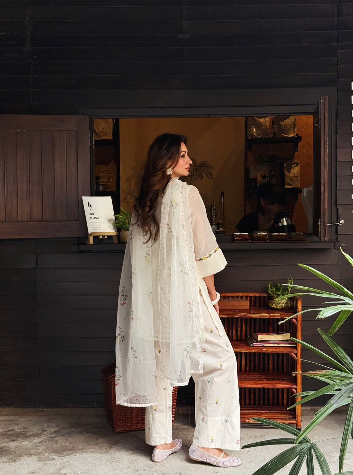 White Satin Chanderi Farshi Plazzo Set