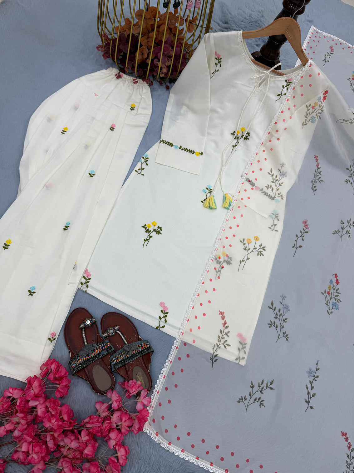 White Satin Chanderi Farshi Plazzo Set