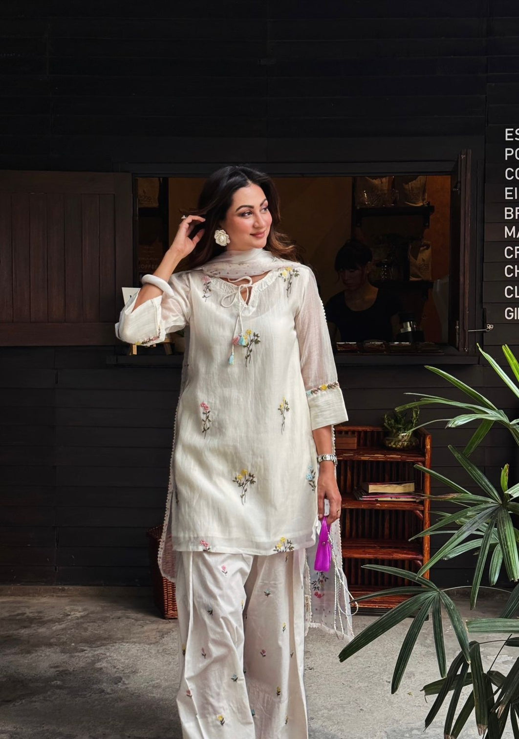 White Satin Chanderi Farshi Plazzo Set