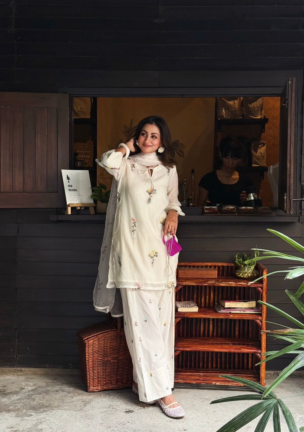 White Satin Chanderi Farshi Plazzo Set