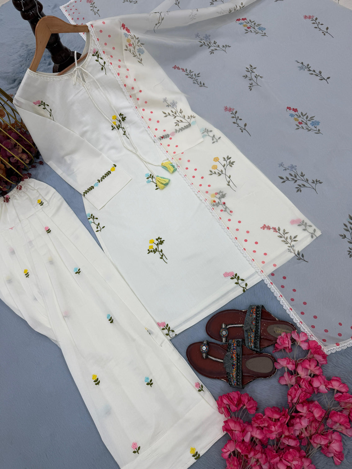 White Satin Chanderi Farshi Plazzo Set