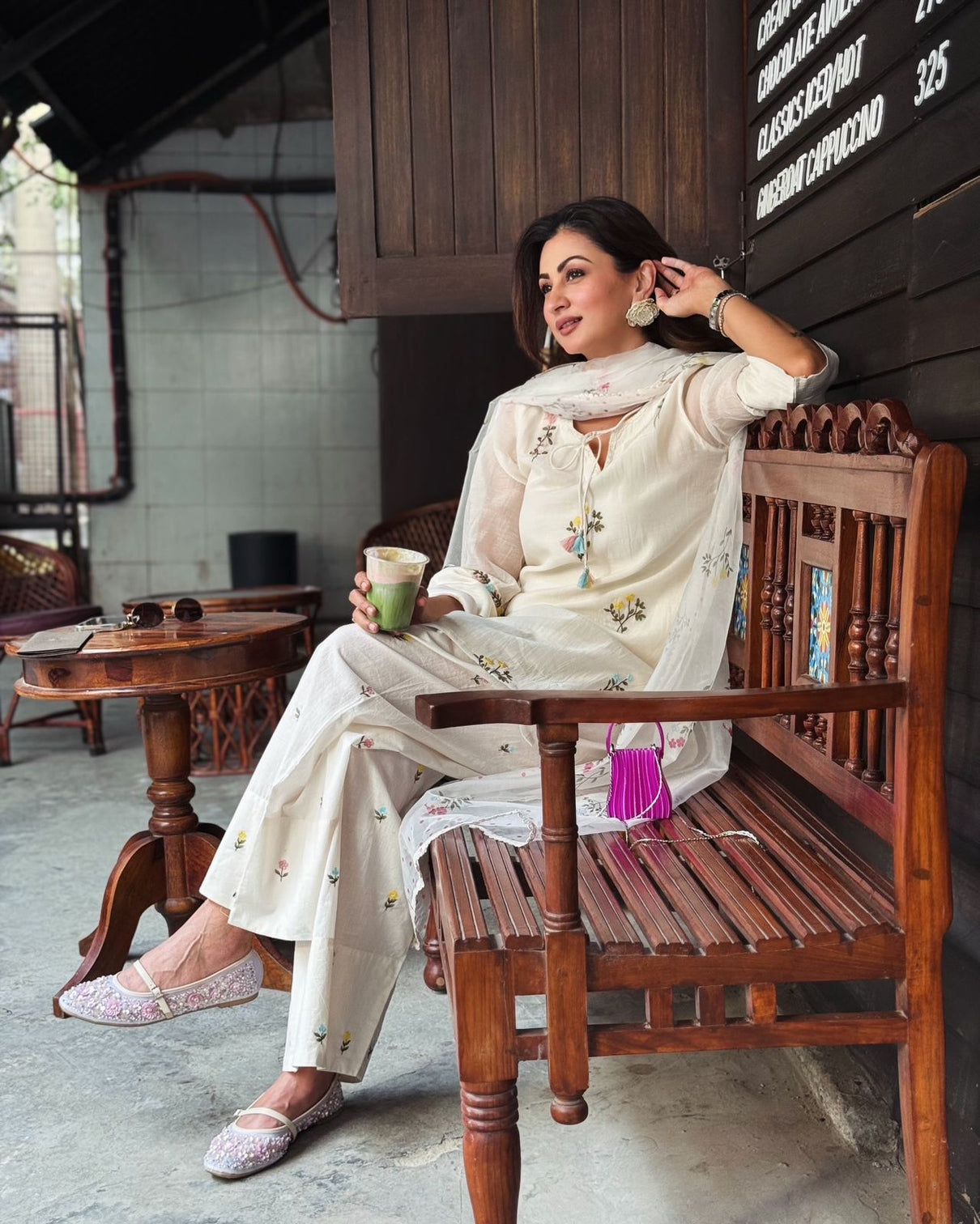 White Satin Chanderi Farshi Plazzo Set