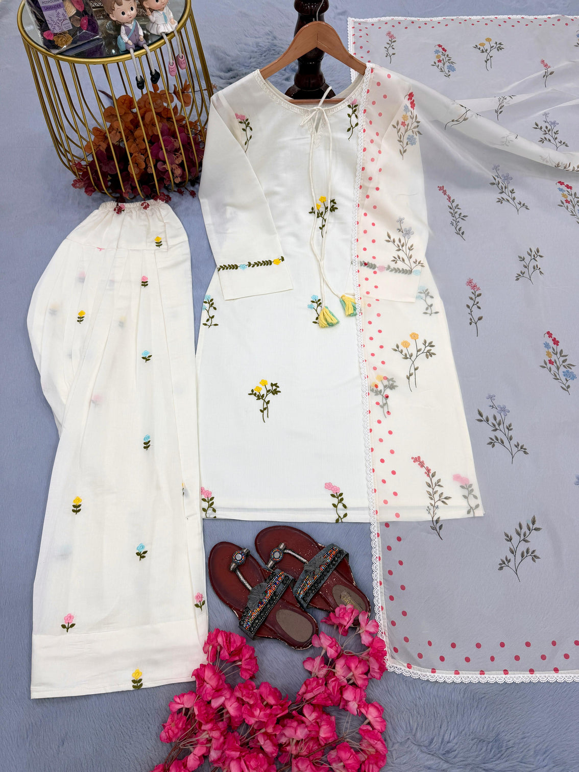 White Satin Chanderi Farshi Plazzo Set