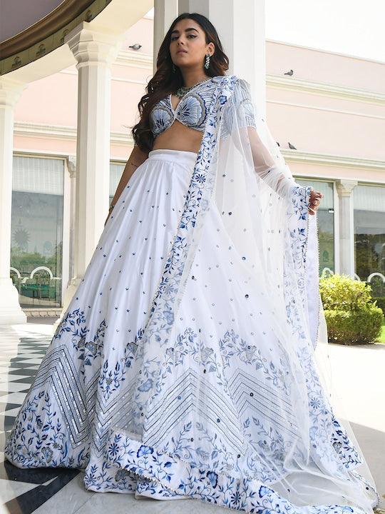 white Satin Embroidered Flared lehenga choli