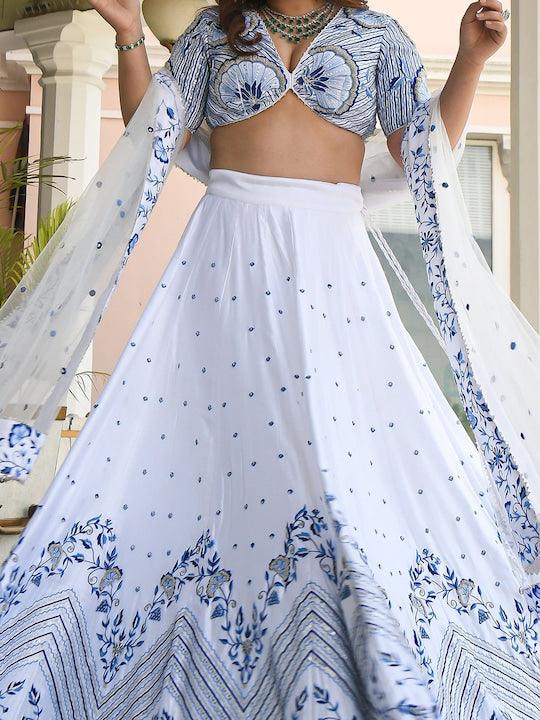 white Satin Embroidered Flared lehenga choli