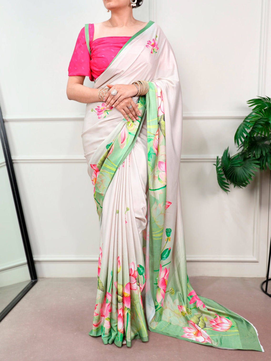 White Satin Silk Printed Saree