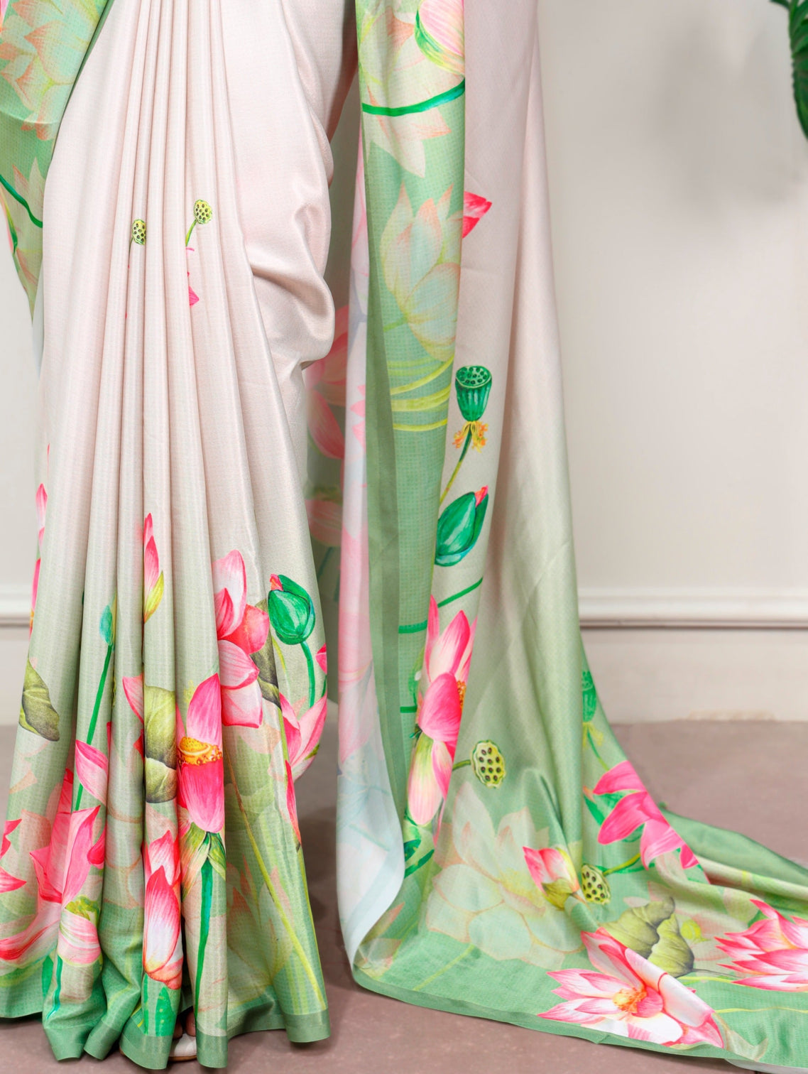 White Satin Silk Printed Saree