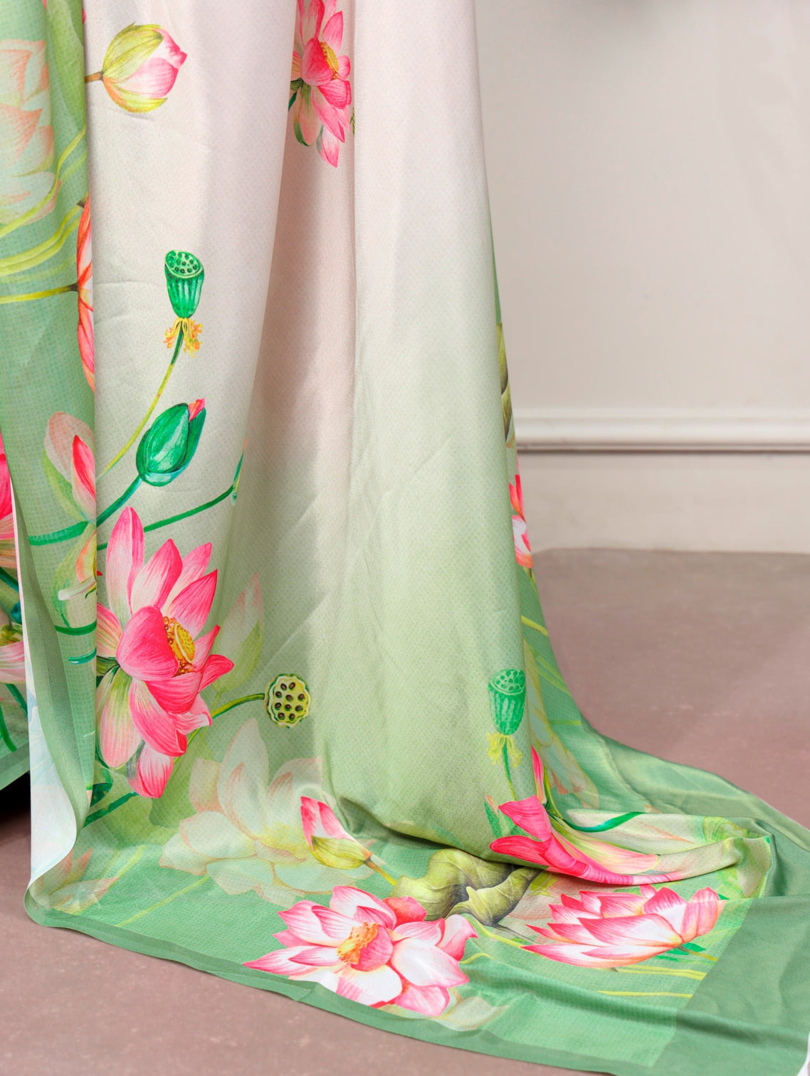 White Satin Silk Printed Saree