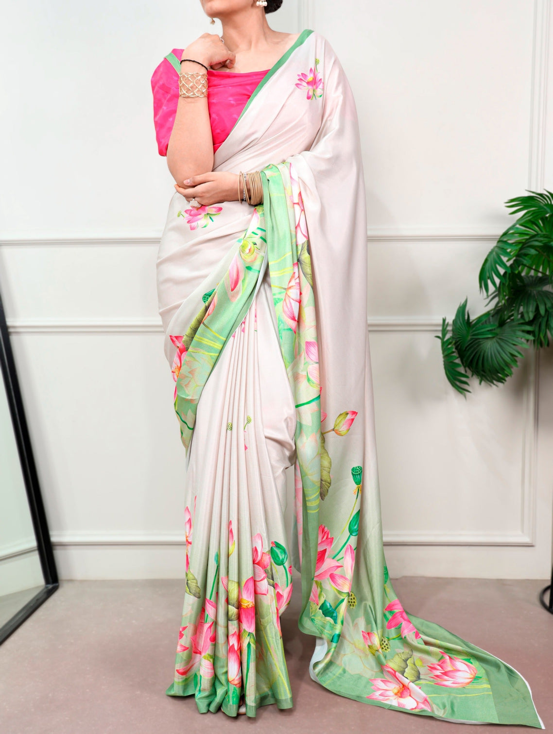 White Satin Silk Printed Saree