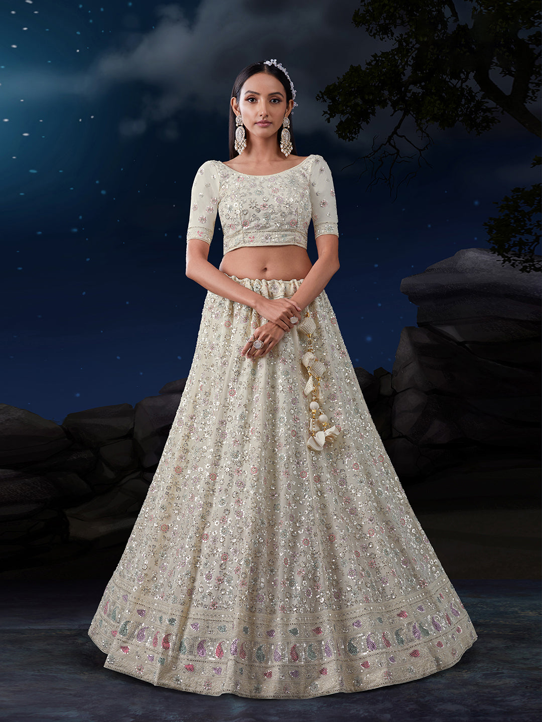White Sequenced Georgette Lehenga Set with Dupatta