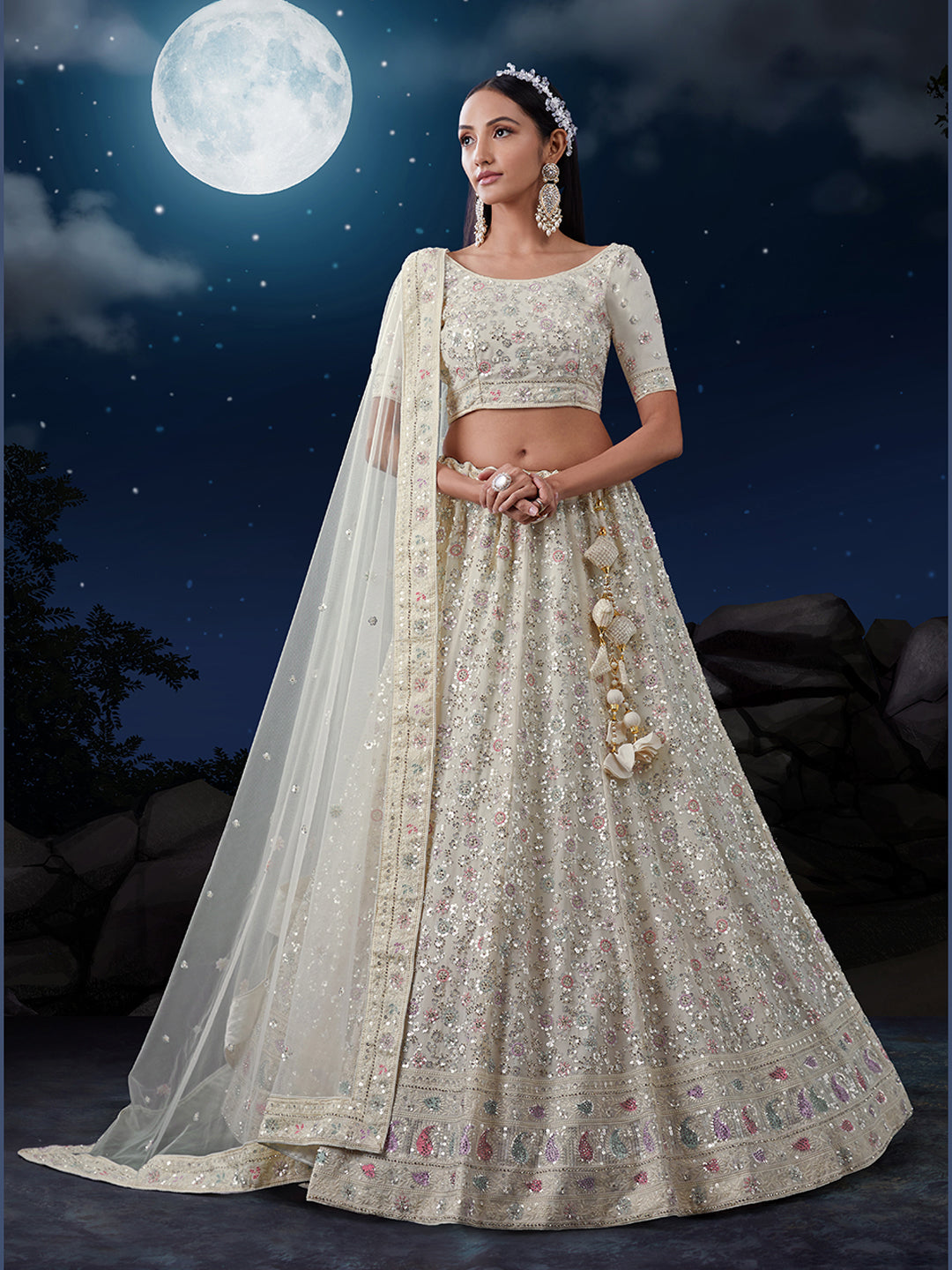 White Sequenced Georgette Lehenga Set with Dupatta