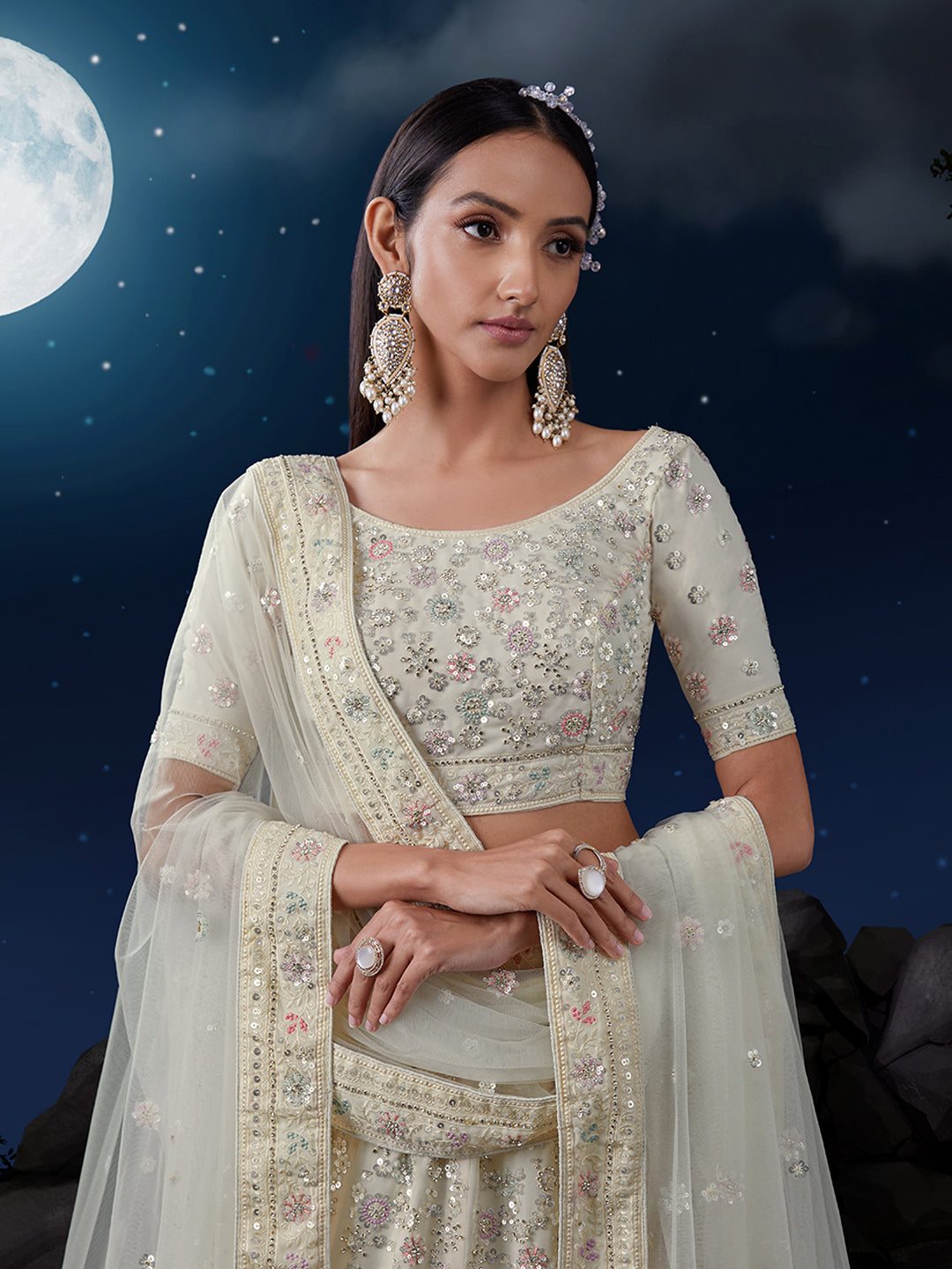 White Sequenced Georgette Lehenga Set with Dupatta